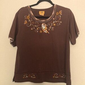 UNIK Brown EMBROIDERED FLOWERS/BUTTERFLY EMBELLISHED WITH RHINESTONES TOP Size L